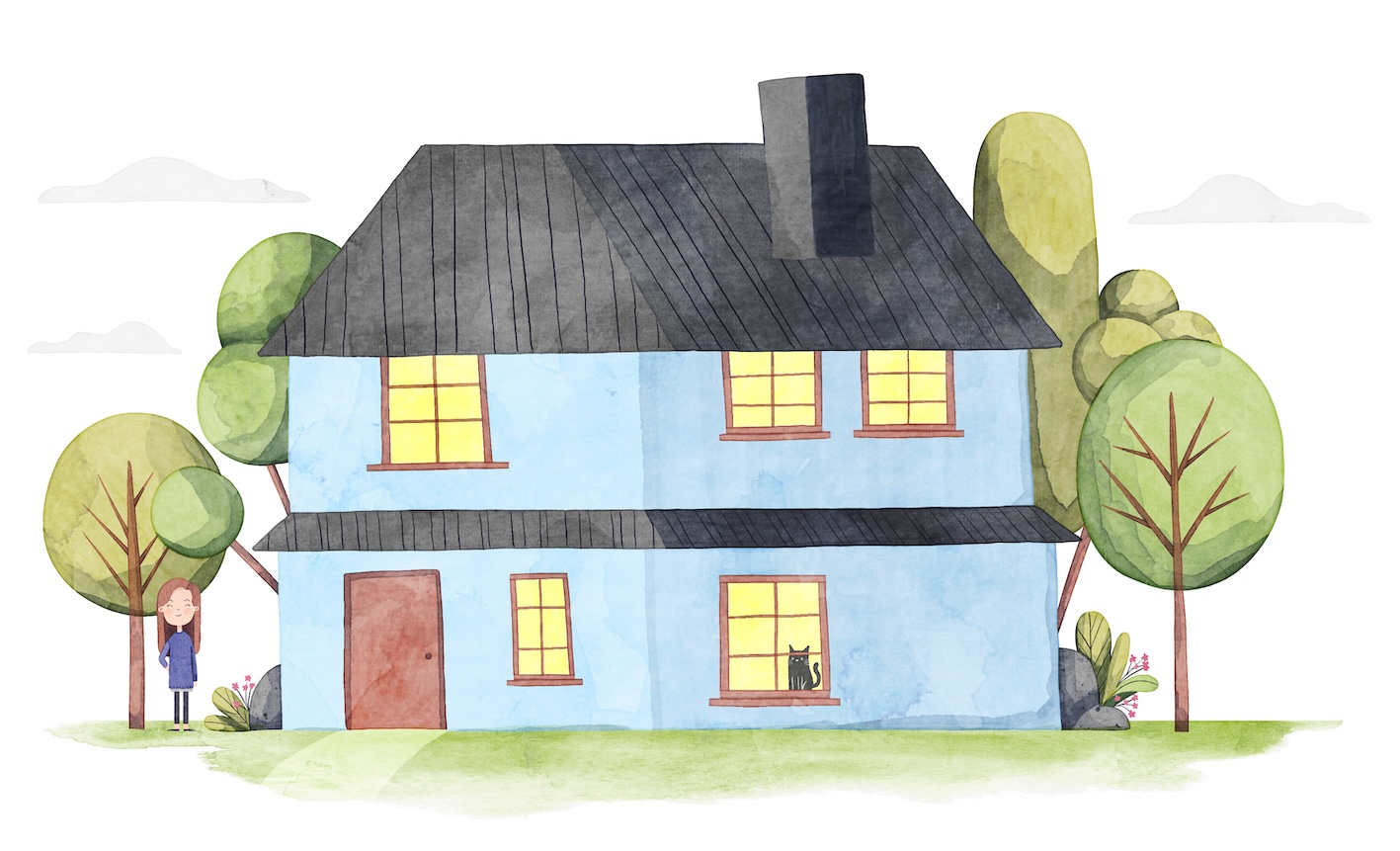 Illustration av ett hus med en kvinna i trädgården och katt i fönstret