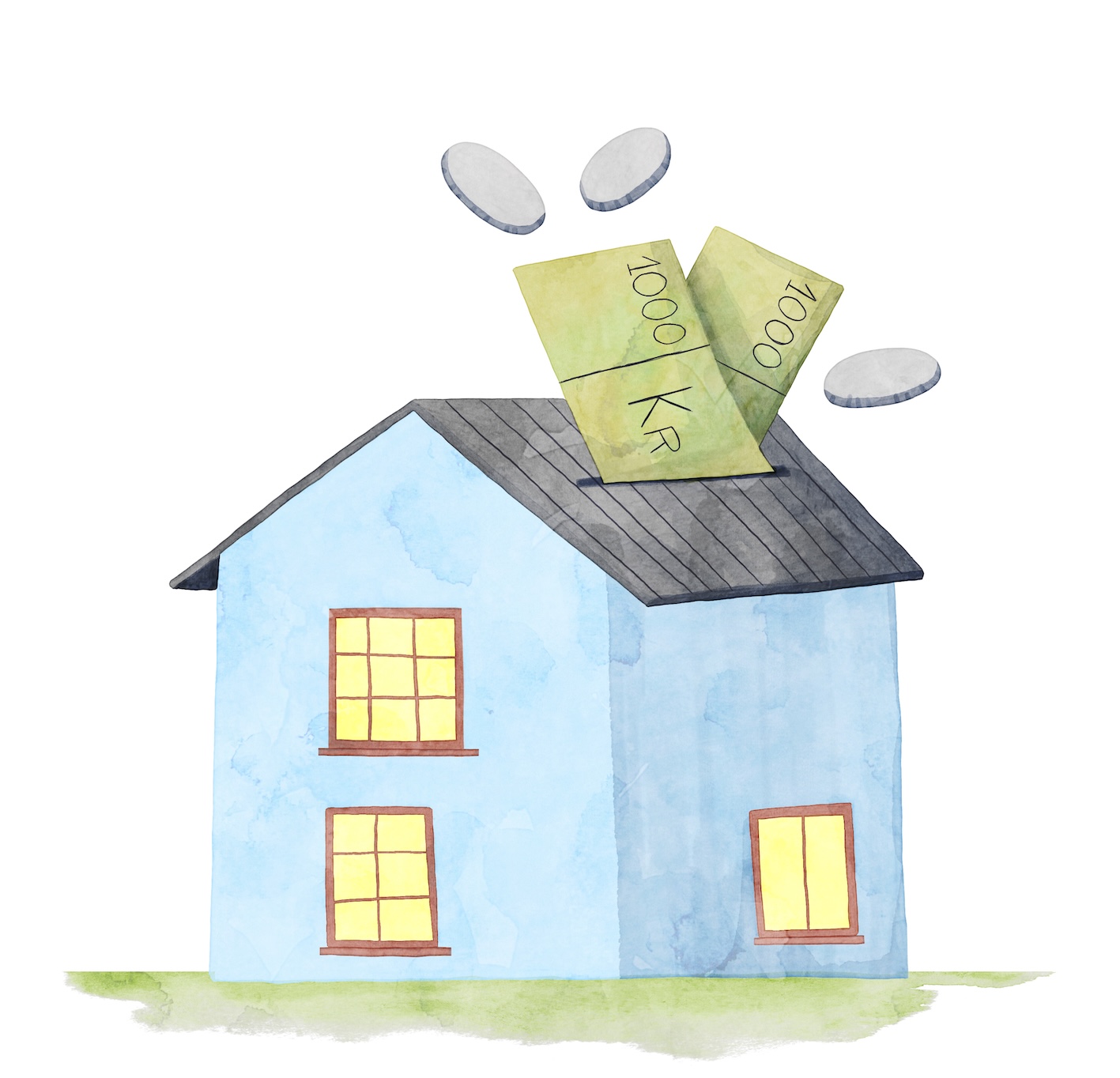 Illustration av ett hus och sedlar som symboliserar ekonomisk trygghet