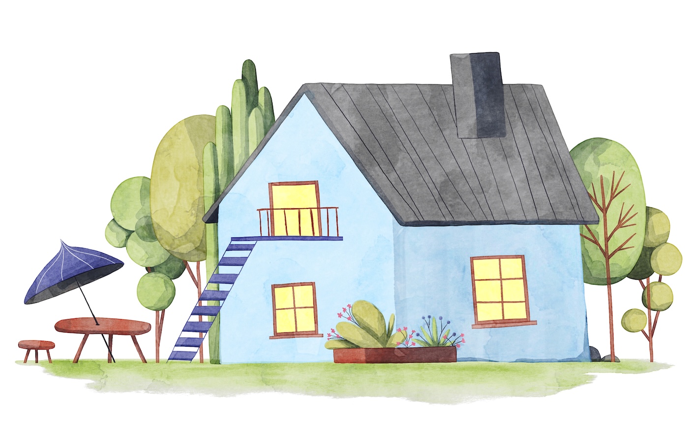 Illustration av hus med parasoll i trädgården utan människor för att illustrera beoende som har tid över till annat