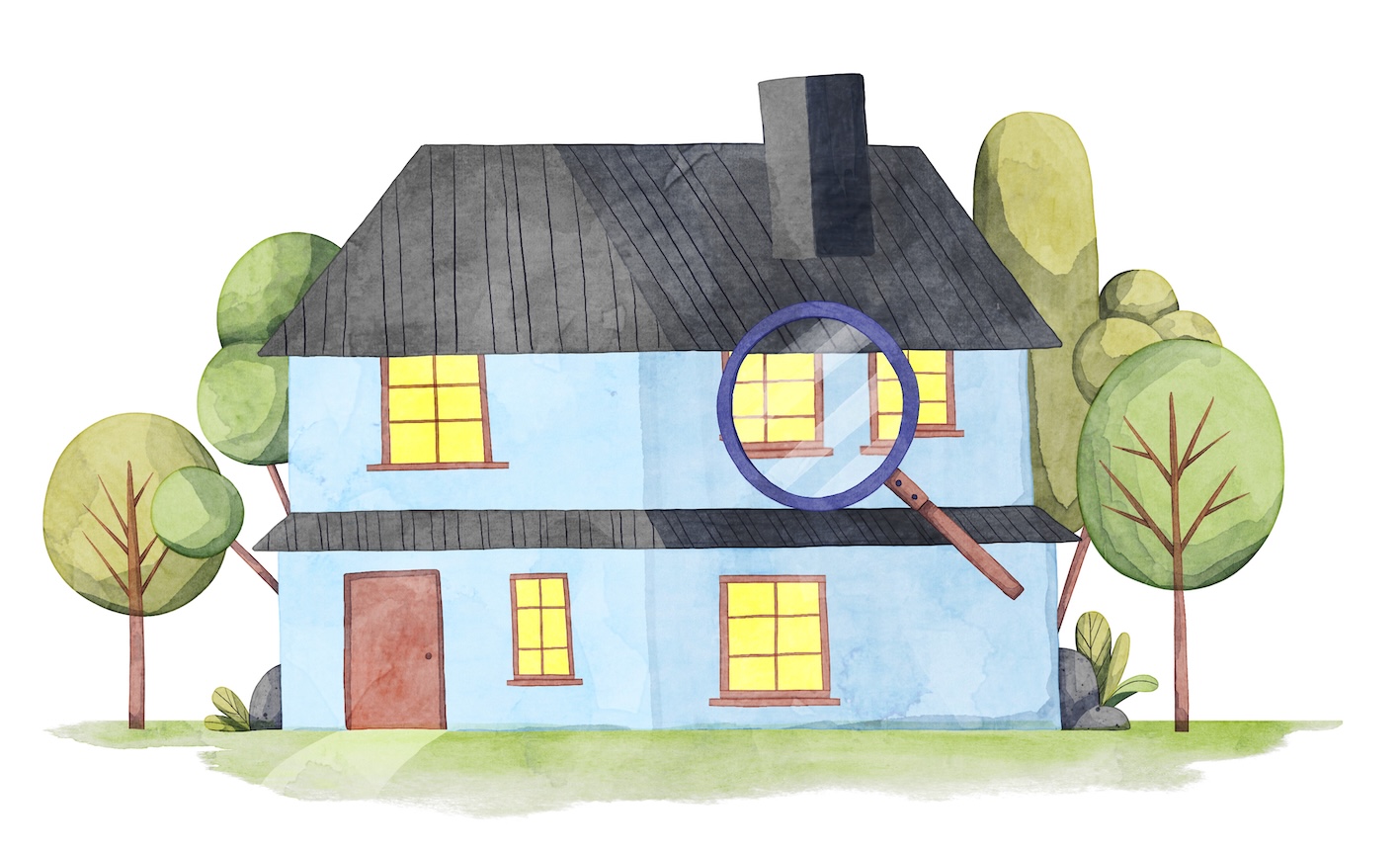 Illustration av ett hus som synas med förstoringsglas hur sälj-och-bo-kvar fungerar